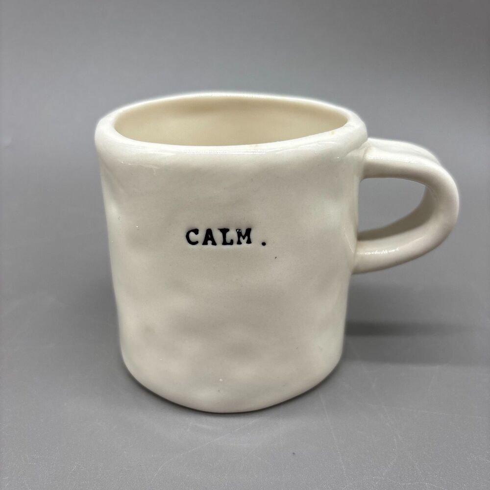 Rae Dunn CALM Coffee Mug Ivory Ceramic Cup Magenta Small Letter Typewriter Font